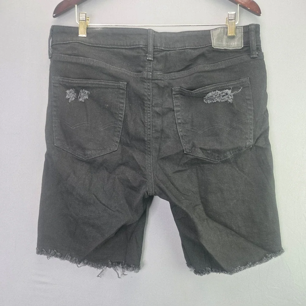 American Eagle Airflex+ Distressed Denim Shorts 34 Black Ripped Raw Hem Mens